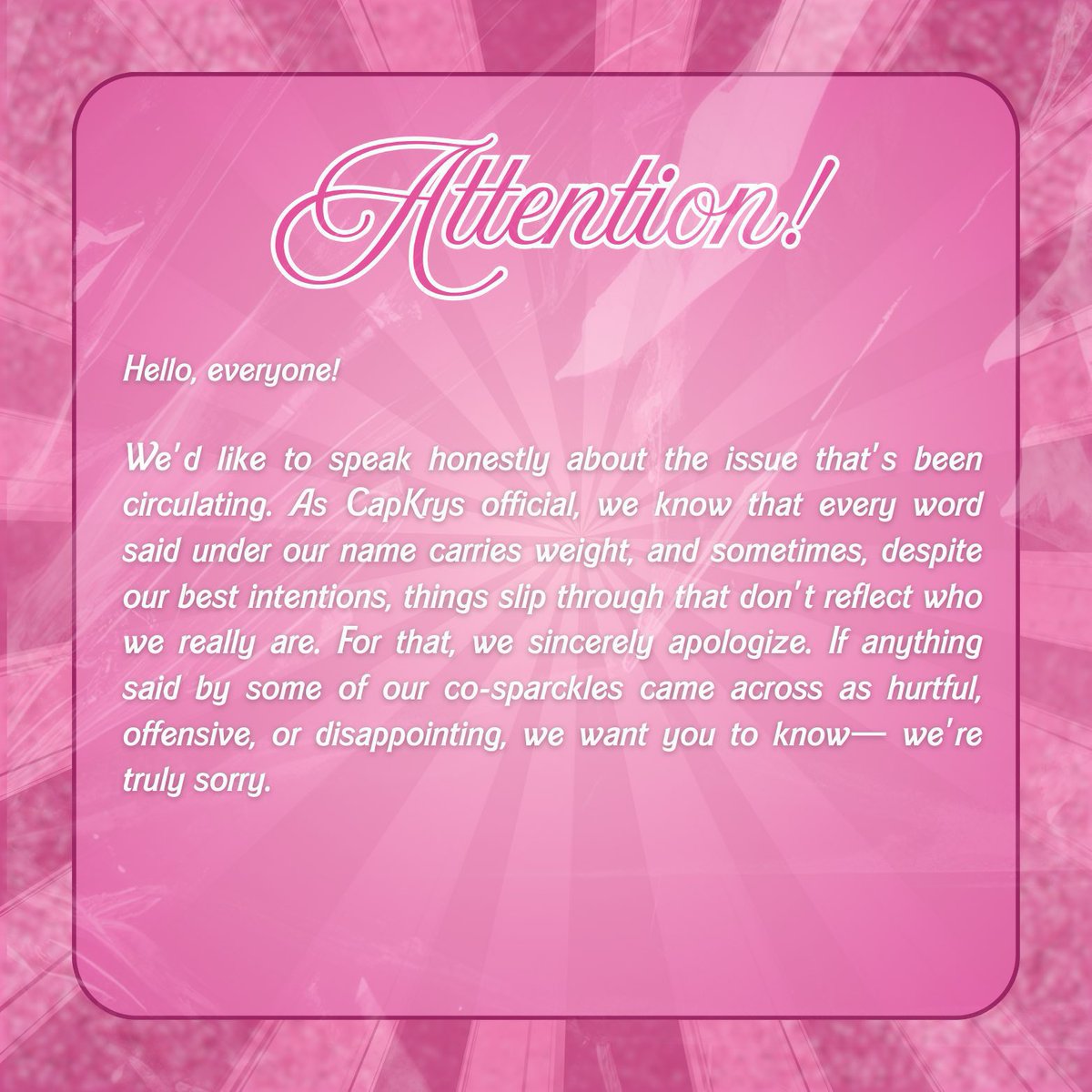 teamcapkrysofc_'s tweet photo. OFFICIAL STATEMENT!!!

our fandom has never been about demands or expectations. from the very beginning, we simply appreciate capkrys for who they are and for the joy they have brought into our lives. we never expected them to give anything beyond what they were comfortable giving.

we also want to clarify something about the posts you may see on the timeline—things about “bill out,” “leaving the fandom”, “drinking sessions”, or similar jokes. those posts are meant purely as humor. this has always been part of our fandom culture, so please understand that they are not meant to be taken seriously.

for the new fans, we warmly welcome you. at the same time, we hope everyone understands the importance of knowing our limitations as fans, supporting someone also means respecting their boundaries.

we also kindly ask na huwag niyong pulisin ang mga og sparckles because of their playful humor or the way they interact. this has long been their way of bonding within the fandom; as long as no one is doing anything that could harm anyone or damage the friendship of ck, it should be understood as harmless fun within the community, thank you!!!

#CAPKRYS