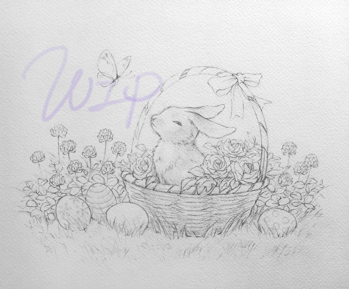 Manna7603's tweet photo. WIP
下描き、カラーラフ、線画

相変わらず雑～な下描きでお恥ずかしいです🤣💦
普段あまり描かないうさぎとか、花かごとか…
イースター用の絵を描いてます。 https://t.co/VGe3oYaTE5