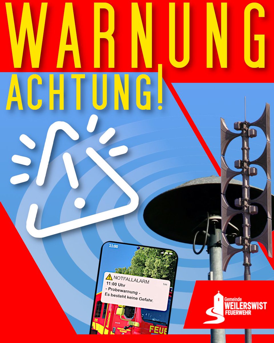ffwweilerswist's tweet photo. +++ PROBEALARM: WARNUNG +++

**Es besteht keine Gefahr für die Bevölkerung.**

Info Sirenensignale: https://t.co/FRmLy2Lm71

Ihre Feuerwehr Weilerswist 

#feuerwehrweilerswist #5einheiteneinefeuerwehr #warntag2026  #warntagNRW #bevölkerungsschutz #WarnMixFürDeutschland #sirenen https://t.co/sg1fnmqQo1