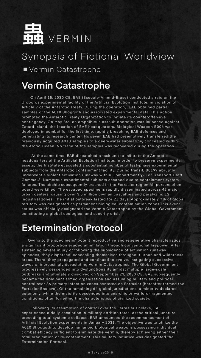 Sexyice2019's tweet photo. ⭕️VERMIN Synopsis of Fictional Worldview (Vermin Catastrophe)⭕️

#SEXYICE2019
#sexyice
#vermin
#EAE
#UNKVAL
#ArtificialEvolutionInstitute https://t.co/ZVKzVMjajx