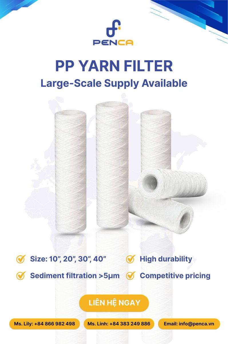 PencaGlobal's tweet photo. 💧 PP Yarn Filter Cartridges – Bulk Supply Available

✔ Available sizes: 10” | 20” | 30” | 40”
✔ Effective filtration >5 micron
✔ Durable structure for stable performance
✔ Competitive pricing for large-volume orders

📩 Contact us today for quotations and bulk order support. https://t.co/s8lmsJPa5J