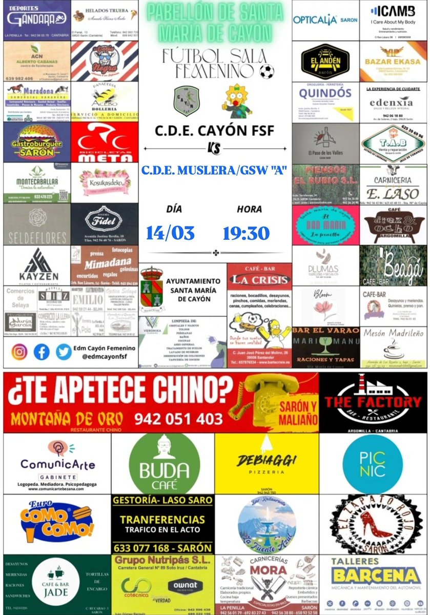 edmcayonfsf's tweet photo. LIGA AUTONÓMICA FEMENINO SALA

🟢JORNADA 16🟢

🗓 Sábado 14/03
🕢 19:30 h.
⚽ C.D.E. Cayón Fsf 🆚️ C.D.E. Muslera/GSW "A"
🏟 Pab. de Santa María de Cayón

🥁 ¡Os esperamos! 🥁

#vavava123Cayón
#VamosNiñas #123Mati 💪⚽💚#FutsalFemenino #FutsalFem #CantabriaFutsal https://t.co/bjTEJ4QNCo