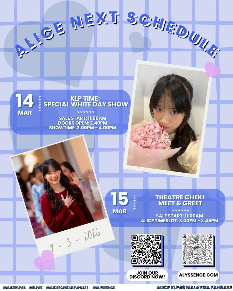 alicepotatoes's tweet photo. ๐๐๐๐๐ ๐๐๐๐๐๐๐๐ ๐๐๐๐๐๐
Theatre Pre-Opening Activities:
14/03/26: ๐๐๐ฃ Time Special White Day Show
15/03/26: Theatre Cheki Meet & Greet
๐KLP48 Theatre, Lalaport BBCC Level 2
#AliceKLP48 #KLP48 #AliceScheduleUpdate #Alyssence