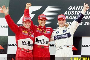 MsportXtra's tweet image. #F1 #OnThisDay, March 12th 2000. @ScuderiaFerrari had a great start to the season at the #AustralianGP with a 1-2 for @schumacher and @rubarrichello . Michael's brother Ralf finished 3rd for @WilliamsF1 . youtube.com/watch?v=l2ecj1… #MsportXtra @UnracedF1 @frentzen_hh @ausgrandprix