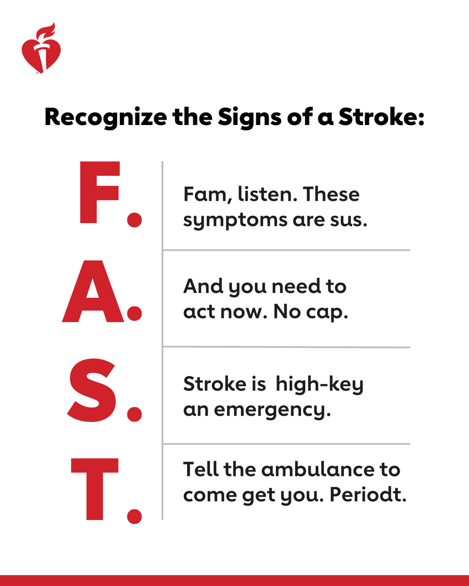 American_Stroke's tweet photo. POV: You let the Gen Z intern take a stab at your stroke awareness graphics.... This isn't quite what we meant by F.A.S.T, but whatever gets you to the ER. https://t.co/b0i2FuvSNX