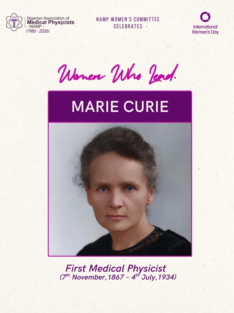 NAMPNigeria's tweet photo. From the first medical physicist Marie Curie to today’s incredible female presidents  who  give thier all for others.

Today, we honour you:
1. Marie Curie
2. Eva Bezak PhD, FIUPESM, FATSE @IOMP_Official 
3. Efi Koutsouveli Msc @efikou 
4. Anna Barnes PhD, FIPEM, Csci @ipemnews https://t.co/Rx48LVVEMZ
