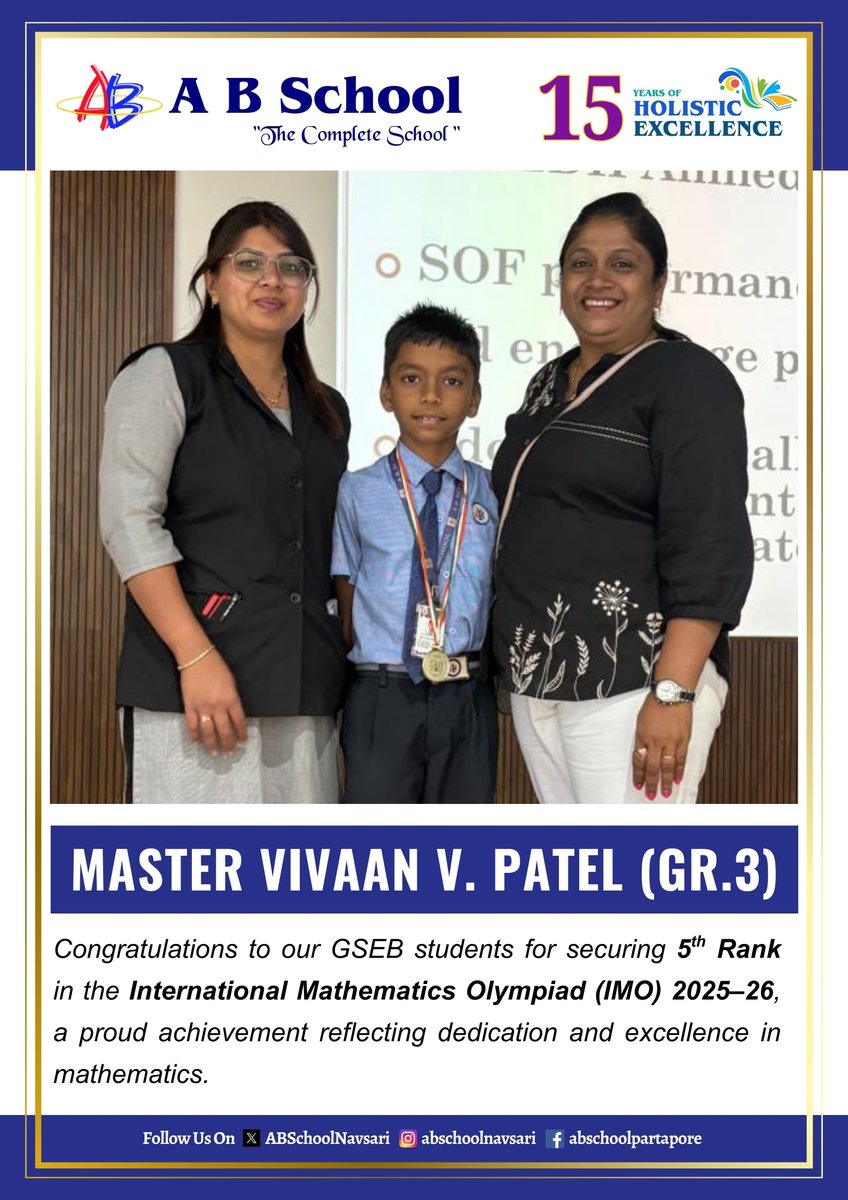 ABSchoolNavsari's tweet photo. #MathsOlympiad #GSEB #Grade3 #YoungMathematicians #MathChampions #StudentAchievement #AcademicExcellence #OlympiadAchievement #MathStars #LearningSuccess #ProudMoment #ABSchoolNavsari https://t.co/1ha1JebTR4