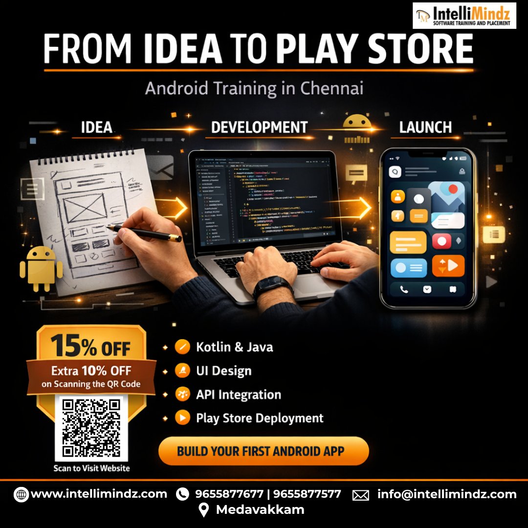 aliceclara_12's tweet photo. Android Training Offer!
15% OFF + Extra 10% OFF on QR Scan
Only at IntelliMindz Chennai – Enroll now!

📍Medavakkam | 📞+91 9655877577 | +91 9655877677 | 🌐https://t.co/kPplOsmtiN | ✉️ info@intellimindz.com

#AndroidTraining #IntelliMindz #ChennaiTraining #SpecialOffer https://t.co/fzddYYQwaC