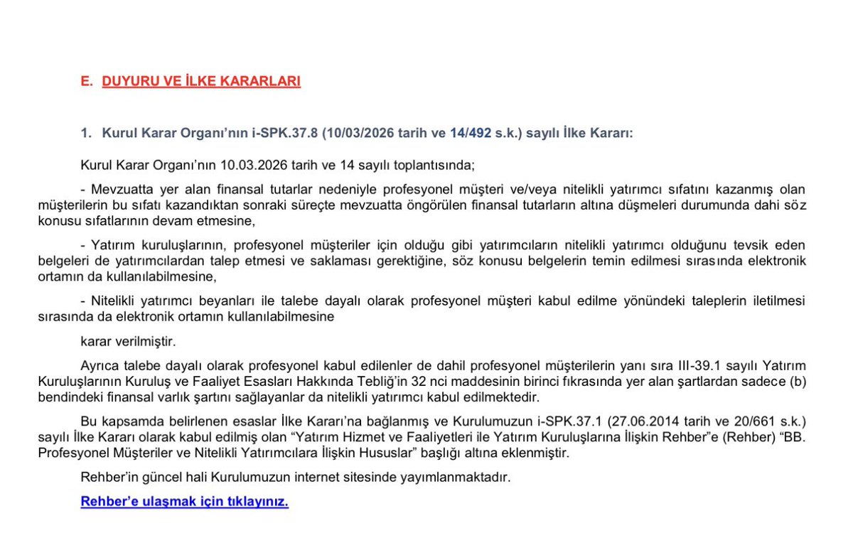 SPK, 10 Mart’ta “yatırım kuruluşlarının, yatırımcıların nitelikli yatırımcı olduğunu tevsik eden belgeleri de yatırımcılardan talep etmesi ve saklaması gerektiğine” karar vermişti.

🗣️Evraksız nitelikli yatırımcı olma dönemi bitiyor, kurumlar aksiyon almaya başladı.