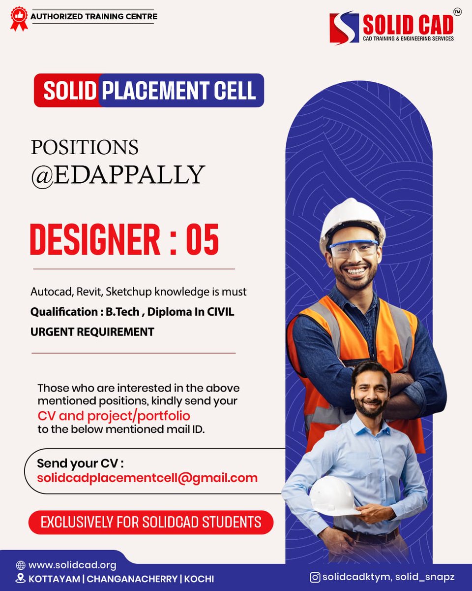 cad_solid's tweet photo. SOLID PLACEMENT CELL! β¨
POSITIONS @ EDAPPALLY
Job Openings β DESIGNER
URGENT REQUIREMENT π¨
For Details:
π https://t.co/auOzqwEhl2
β +91 9562261281, +91 7560989347
#SolidCAD #HiringNow #JobOpening #DesignerJob #CivilEngineeringJobs #AutoCADJobs #3DSMax #CivilDesigner https://t.co/bfRzU0hLPZ