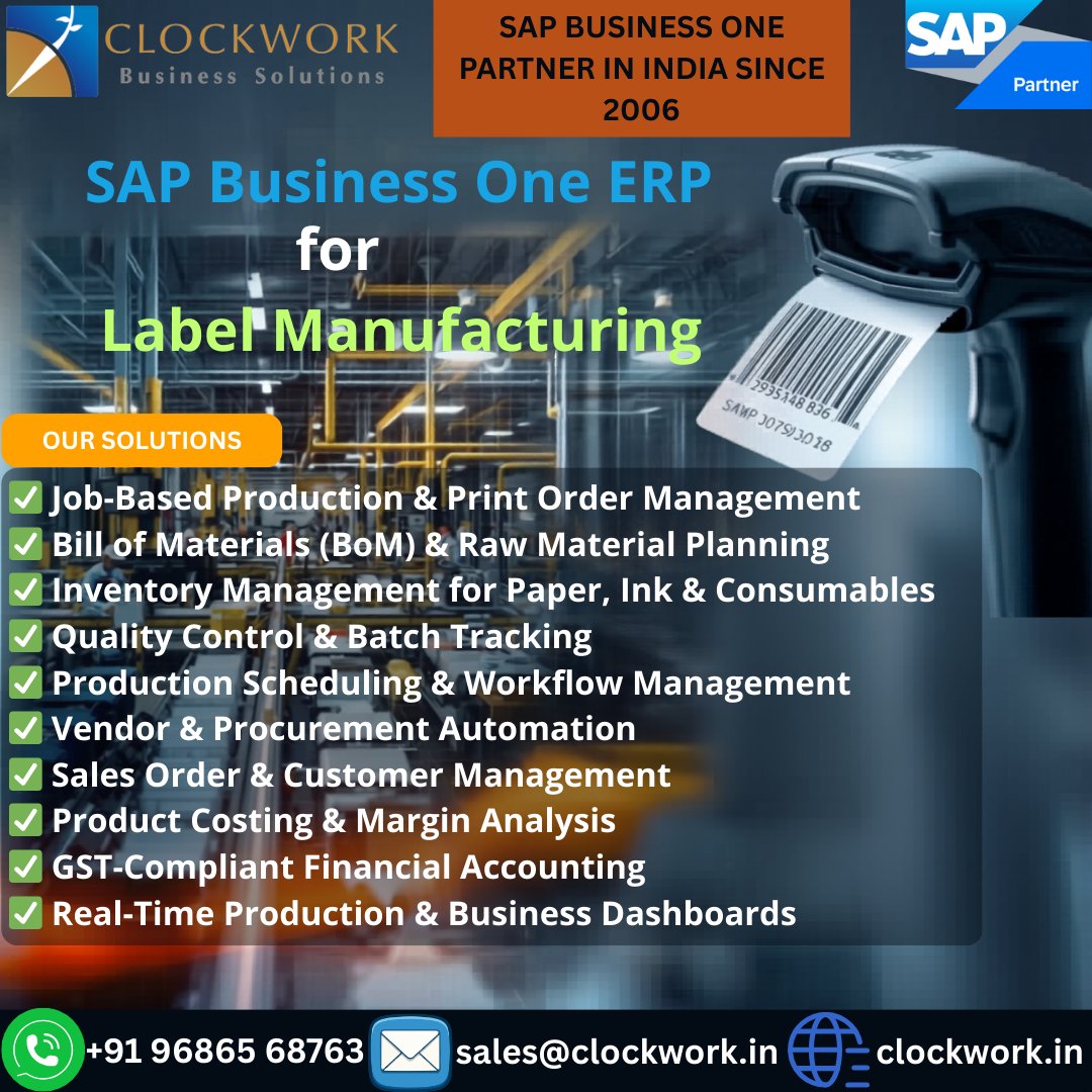 Clockwork2013's tweet photo. Digitize your label manufacturing business with SAP Business One from Clockwork

📞+91 96865 68763
📧sales@clockwork.in
🌐https://t.co/z73DwWyOpZ

#SAPBusinessOne #LabelManufacturing #PackagingIndustryERP #ManufacturingERP
#ProductionPlanning #GSTAccounting #ClockworkERP https://t.co/zCMIPSw7sF