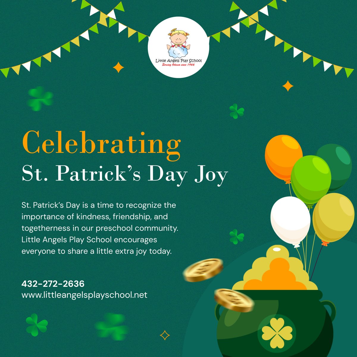littleangelsps_'s tweet photo. Let’s embrace the spirit of St. Patrick’s Day by spreading smiles and friendship! 🍀💚 Celebrate with fun activities, creativity, and laughter at Little Angels Play School! 🌈✨

#StPatricksDayFun #LuckyKids #PreschoolCelebration #EarlyLearningFun #OdessaKids https://t.co/EkI25QJ4EV