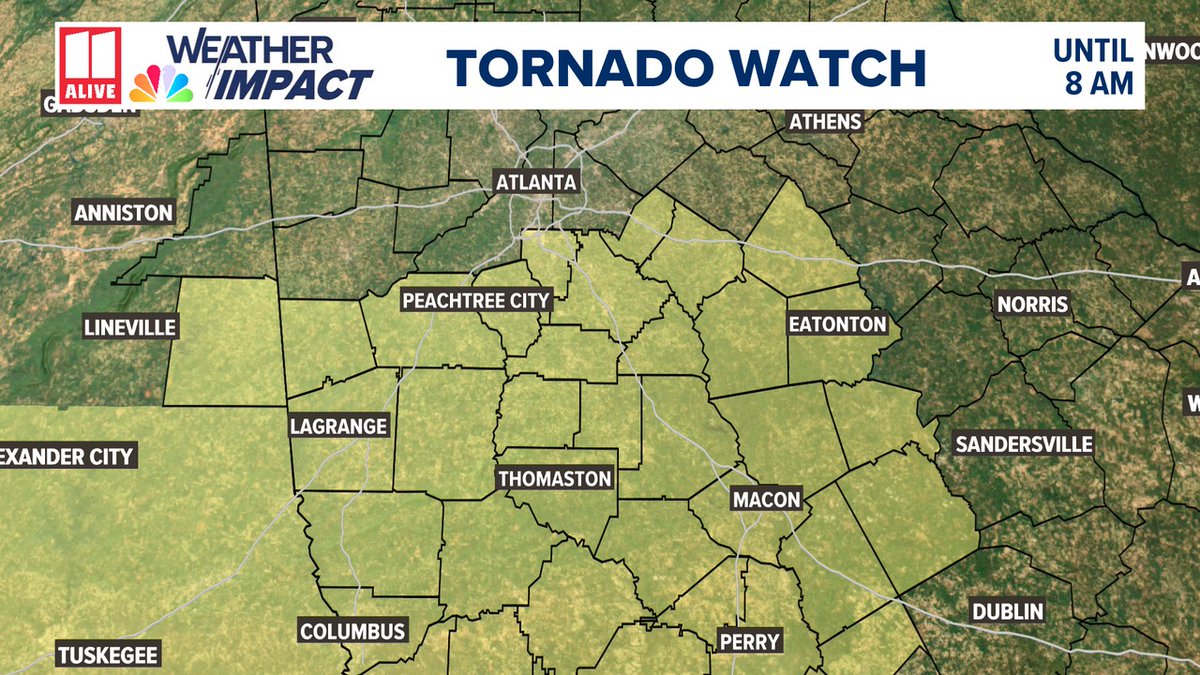 ChrisHolcomb's tweet photo. Here's the tornado watch for areas just south of Atlanta until 8am.  Counties include Butts, Clayton, Coweta, Fayette, Heard, Henry, Jasper, Lamar, Meriwether, Monroe, Morgan, Newton, Pike, Putnam, Rockdale, and Spalding. https://t.co/IeTzAPTx4G