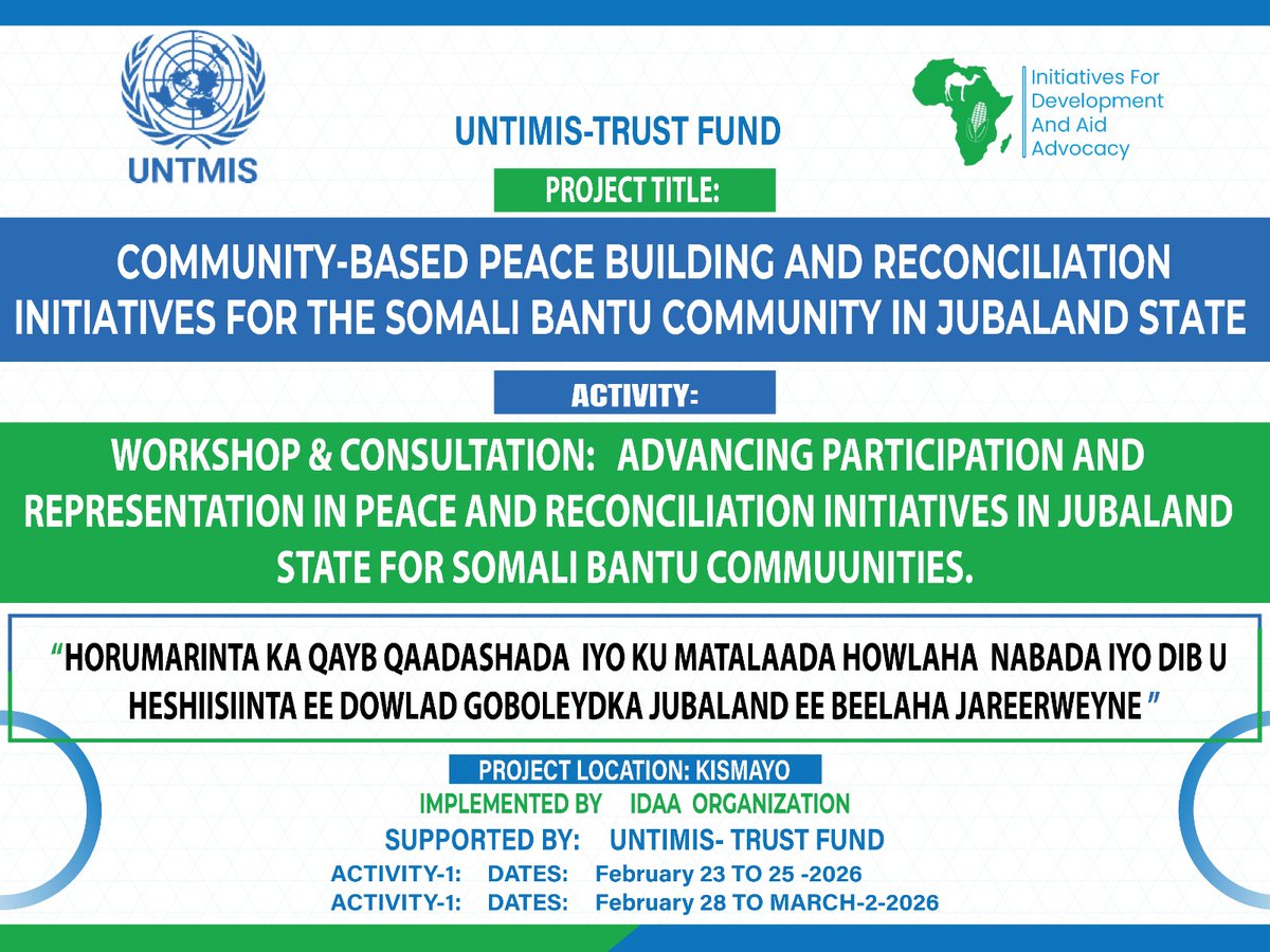 Interna31461400's tweet photo. The community based peace building, and reconciliation proj was successfully implemented in Kismayo and  supported 60 individuals.  It focused on thier participatory rights.  improved community awareness  claim their rights to participate in peace &amp; Reconcil.efforts in Jubaland. https://t.co/UfYFwoPiBm