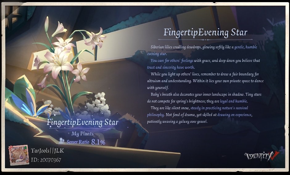 trixu13's tweet photo. In the "Farewell, Titantree Forest" event, the plant I nurtured whispers [FingertipEvening Star]#FarewellTitantreeForest#IdentityV https://t.co/qSKFrQCQq3