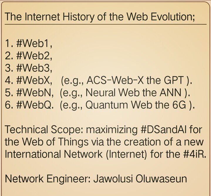 jawolusy's tweet photo. Internet History of the Web Evolution;

1. #Web1,
2. #Web2,
3. #Web3,
4. #WebX,   (e.g., ACS-Web-X the GPT ).
5. #WebN,  (e.g., Neural Web the ANN ).
6. #WebQ.  (e.g., Quantum Web the 6G ).

#DSandAI for Web of Things via the creation of a new International Network for #4iR. https://t.co/6EccM11YQE