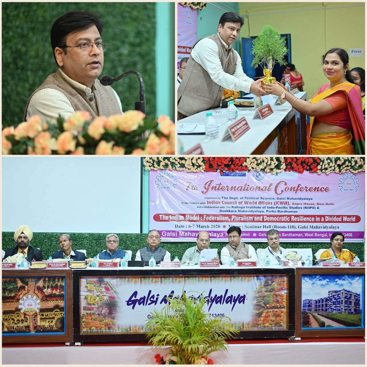 ICWA_NewDelhi's tweet photo. In collaboration with ICWA, Department of Political Science, Galsi Mahavidyalaya, Purba Bardhaman, West Bengal, organised a Two-day International Conference on “The Indian Model: Federalism, Pluralism and Democratic Resilience in a Divided World" from 6-7 March 2026. Dr. Punit Gaur @Punitgaur, Research Fellow, ICWA represented the Council and spoke as a special guest at the inaugural session. The conference included experts/scholars who examined multiple aspects of federalism, pluralism, and democratic resilience, focusing on India’s experiences and its role in a divided world.

Dr. Gaur emphasised that the Indian model exemplifies federalism, pluralism, and democratic resilience. This model is founded on the philosophy "वसुधैव कुटुम्बकम्," meaning "the entire world is a family." Through this perspective, India actively promotes global peace, stability, and inclusive development.