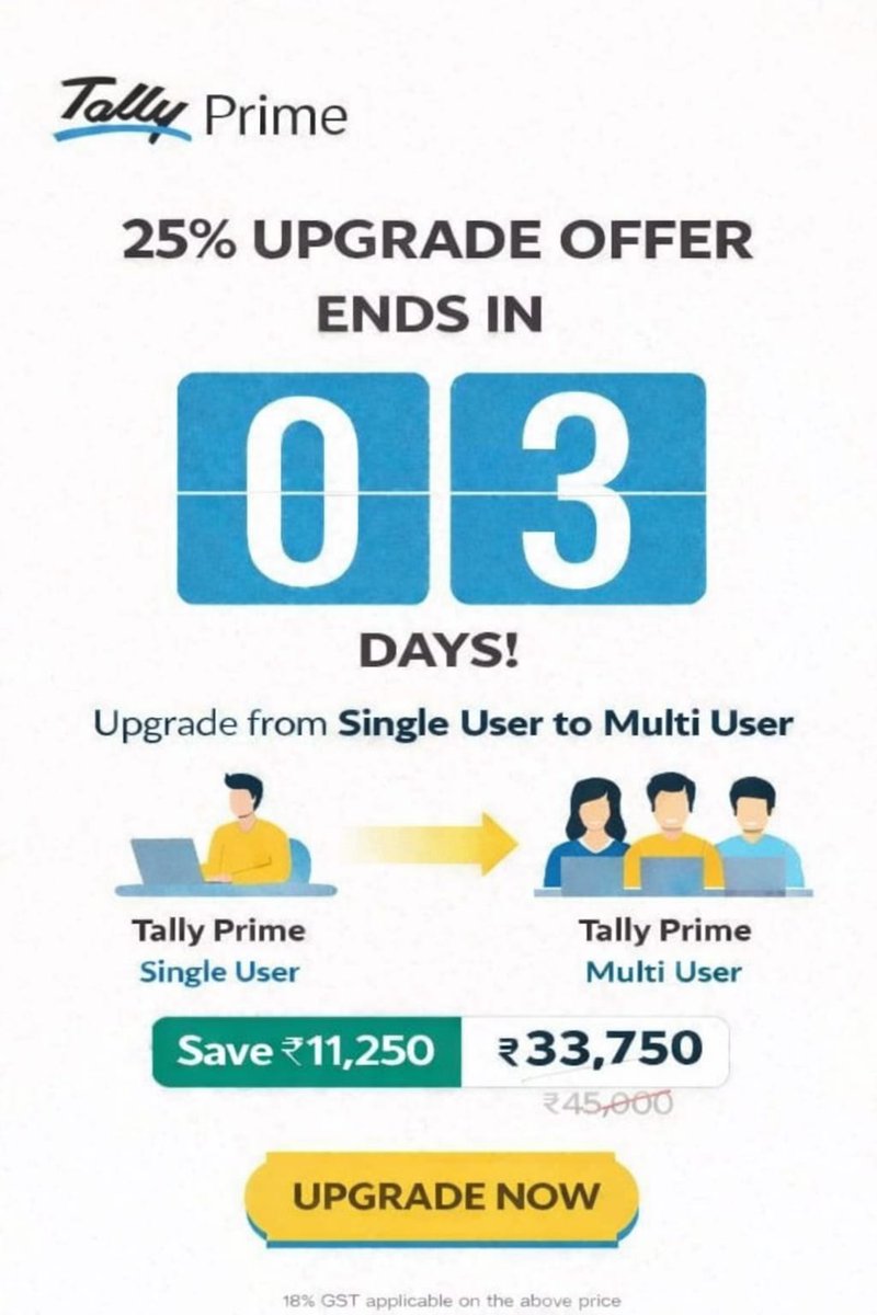 AND_Tech_India's tweet photo. 🔥 Tally Prime Upgrade Offer – Last 3 Days!
Upgrade from Single User → Multi User at 25% OFF
💰 Save ₹11,250
💵 Offer Price: ₹33,750 + 18% GST
⏳ Hurry! Limited-time upgrade offer.

#tally #tallyprime #TSS #gst #tallyerp #accounting #tallysolutions #Andtech #BillingSolutions https://t.co/Jr8nEQfznS
