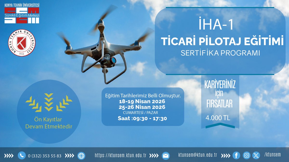ktunsem's tweet photo. Sivil Havacılık Genel Müdürlüğü tarafından eğitim vermeye yetkili olan Merkezimiz bünyesinde İHA-1 Ticari Pilotaj Eğitimi Sertifika Programı açılacaktır. Bu eğitim; savunma sanayi, fotoğrafçılık ve video çekimi, zirai ilaçlama, haritacılık gibi alanlarda avantajlar sağlamaktadır. https://t.co/34gP7WZCoP