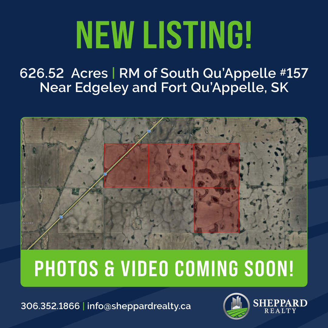 COMING SOON!

4 qtrs located between Edgeley &amp; Fort Qu’Appelle with Highway # 10 frontage. Approx. 494 cultivated acres (SAMA) with strong SCIC soil classes D &amp; E. Offers due April 7, 2026 at 12:00PM. Full listing details coming soon.

#SheppardRealty #SKRealEstate #AgRealEstate
