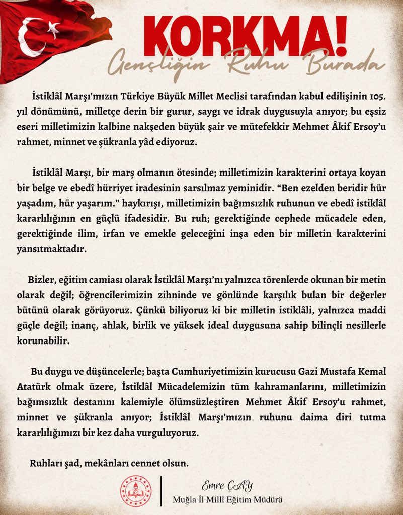 mugla_mem's tweet photo. Millî Eğitim Müdürümüz Emre ÇAY’ın “12 Mart İstiklâl Marşı'nın Kabulü ve Mehmet Akif Ersoy'u Anma Günü” Mesajı🇹🇷

#KorkmaGencliginRuhuBurada

@tcmeb @Yusuf__Tekin @tcmuglavaliligi @idrisakbiyik @emrecay55 https://t.co/KicNuw81Ta