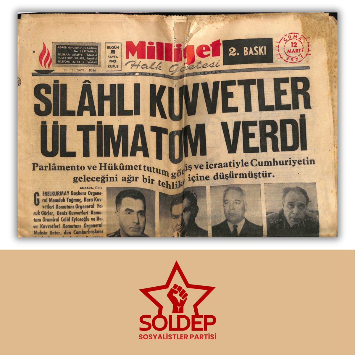 TSPmerkez's tweet photo. 🔴 12 MART 1971 | Devrimciler Yenilmezdir!

12 Mart 1971 müdahalesi, yükselen işçi hareketini, gençliğin devrimci arayışını ve halkın örgütlenme iradesini bastırmak için gerçekleştirilen faşist bir karşı-devrim hamlesiydi. Egemen sınıflar kendi düzenleri tehdit altına girdiğinde “hukuk” ve “demokrasi” maskesini hızla çıkarıp çıplak zor aygıtına başvurduklarını bir kez daha gösterdiler. Darağaçları kuruldu, devrimciler katledildi.

12 Mart, yalnızca bir baskı dönemi değil; aynı zamanda düzen içi siyasetin sınırlarını açığa çıkaran tarihsel bir momenttir. Bu deneyim, özgürlük ve eşitlik mücadelesinin reform beklentileriyle değil, halkın örgütlü gücüne dayanan devrimci bir kopuş hattıyla büyüyebileceğini gösterir.

12 Mart’ın karanlığı bize aynı gerçeği hatırlatıyor:

Baskıya karşı direnmek, düzene karşı devrimci karşı çıkışı örgütlemek zorundayız. #HareketeGeç