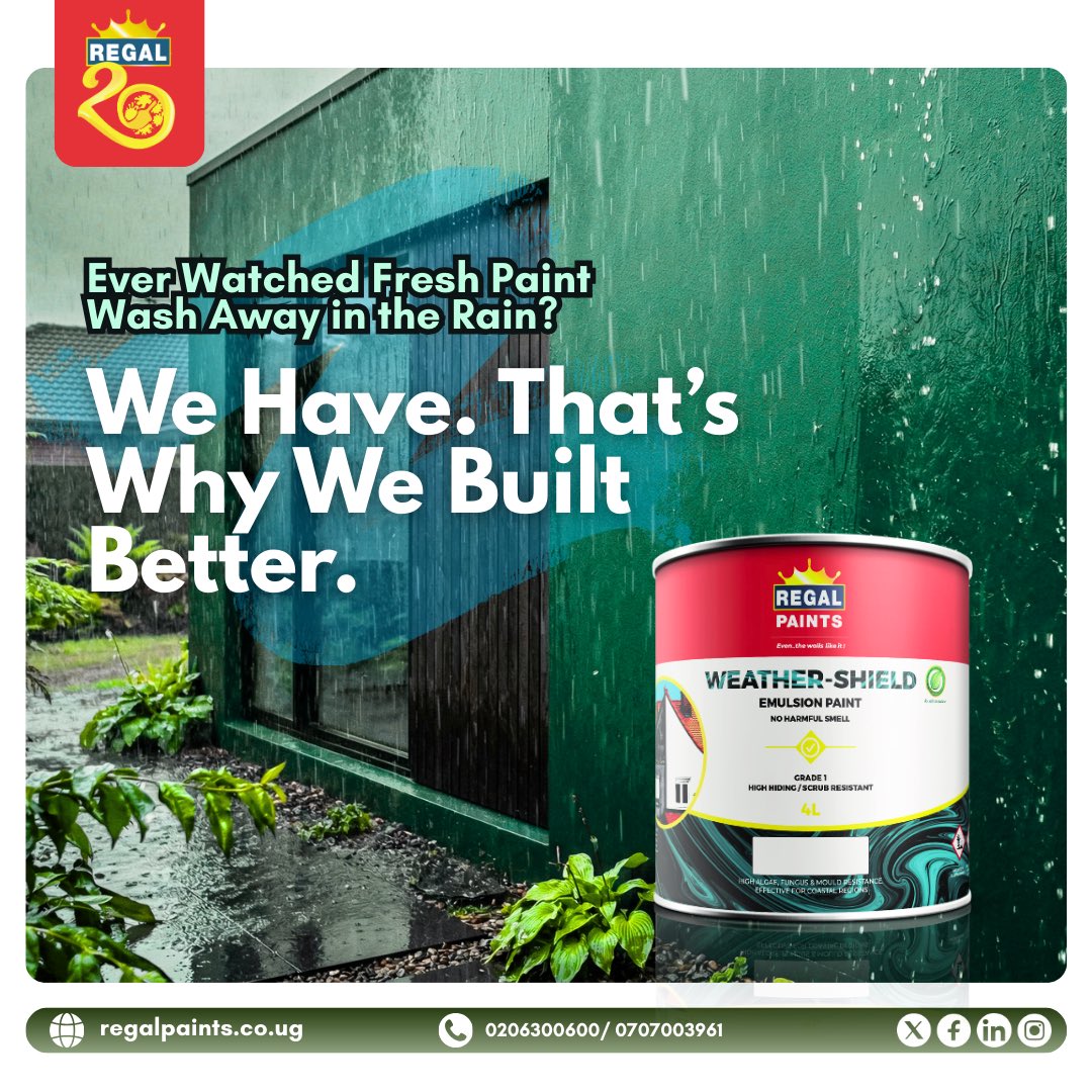 regalpaintsug1's tweet image. Fresh paint last year… faded walls this year?

Uganda’s climate is demanding, gwe buuza the walls or the roads in Kampala. 

WeatherShield is engineered for durability beyond first impressions, protecting exterior walls season after season.

#RegalPaints #WeatherShield