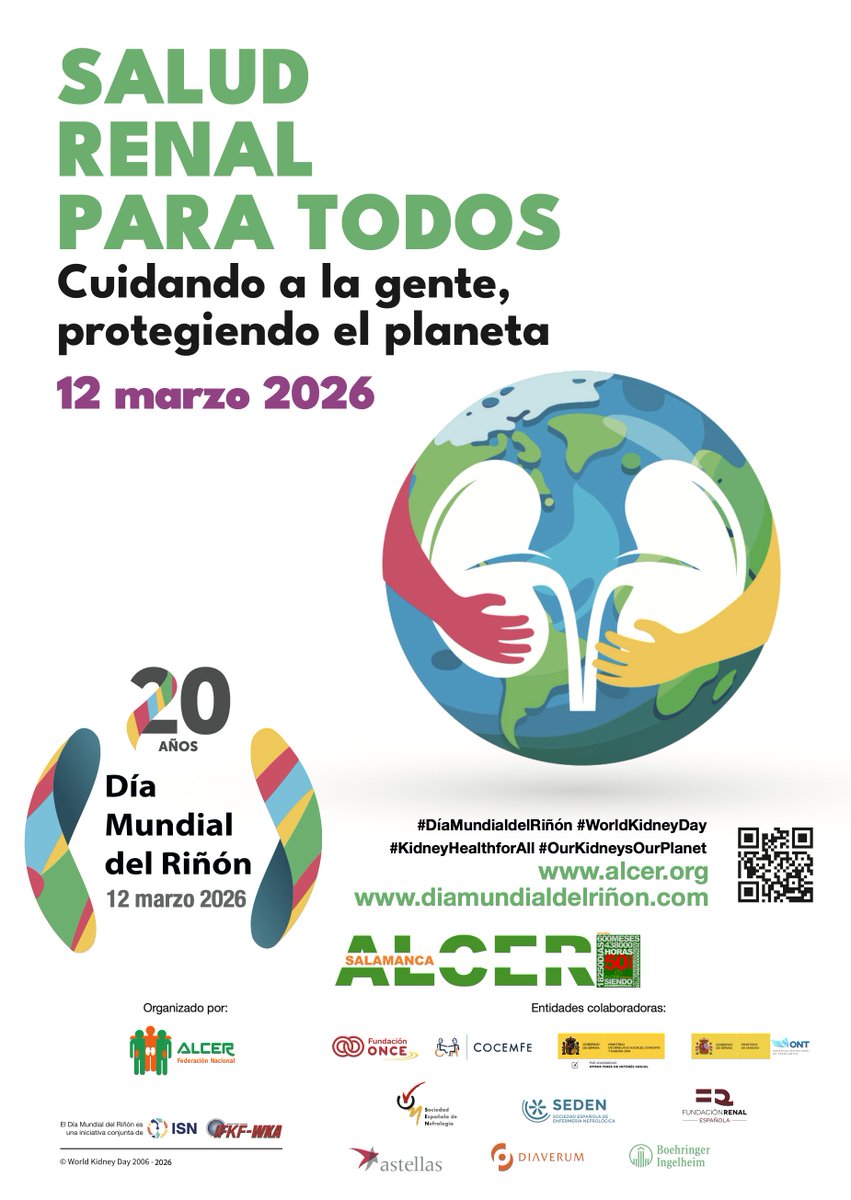 alcersalamanca's tweet photo. 🌍 Hoy es el #DÍAMUNDIALDELRIÑÓN en #Salamanca
📆 12 de #marzo 2026
🕙 10 h a 14 h #mesasInformativas sobre #saludRenal
👨🏻⚕ 18 h Charla “10 Costumbres diarias que Dañan nuestros #Riñones”, #nefrólogo
⛲️ 20 h iluminación #fuente en #verde y #naranja
Acércate, infórmate https://t.co/eTbEvL1f4l