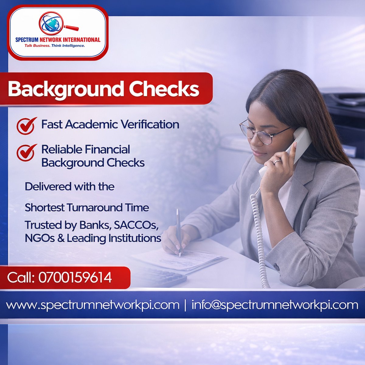 SpectrumNetwor4's tweet image. Looking to make the right hiring or business decision? At Spectrum Network International, we provide fast and reliable background checks tailored to your needs. #BackgroundChecks #TrustedVerification #SecureDecisions