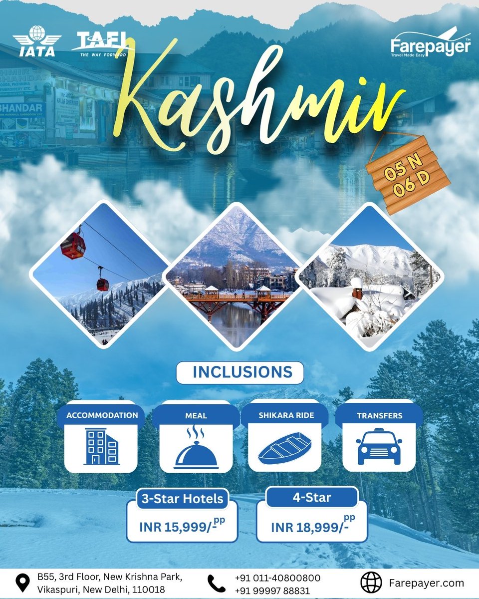 Farepayer_1's tweet photo. ✨ Kashmir Tour Package | 5N / 6D ✨
Explore the beauty of Kashmir with our amazing travel package! ❄️🏔️
💰 Package Price:
• 3-Star Hotels: INR 15,999/- pp
• 4-Star Hotels: INR 18,999/- pp
🌐 https://t.co/tC8VUmhjBc
#Kashmir #KashmirTour #TravelPackage #Farepayer #TravelDeals https://t.co/xhhORHVvN3