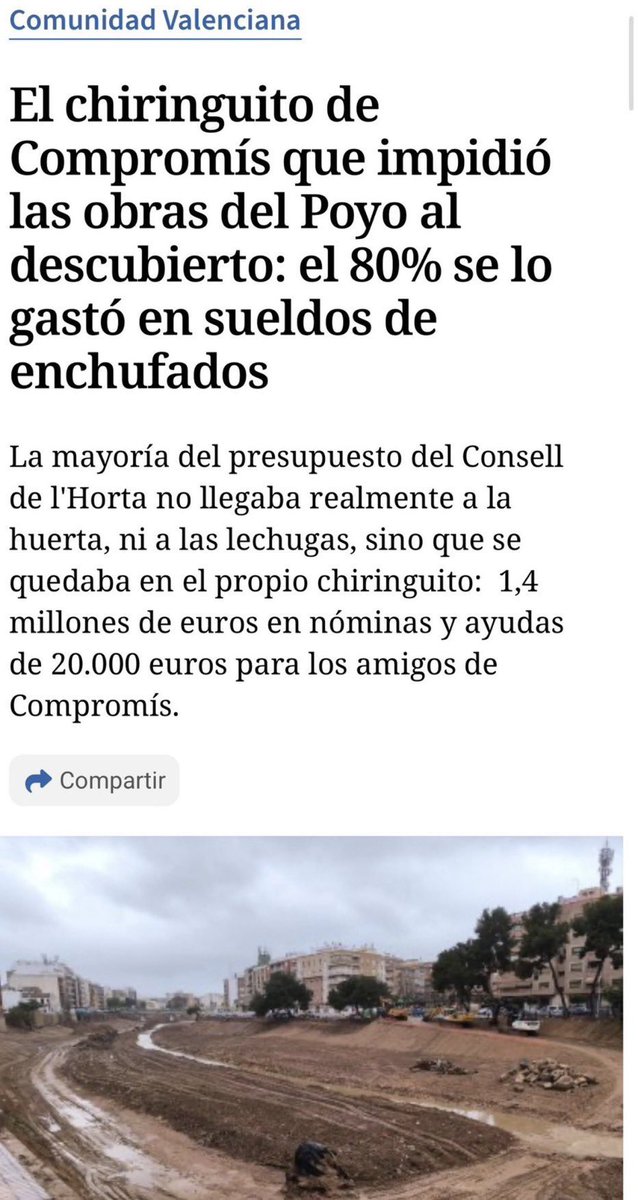 El chiringuito de Compromís que impidió las obras del Poyo al descubierto: el 80% se lo gastó en sueldos de enchufados.

Y luego son los que montan las manifestaciones y los escraches por la Dana 🦅