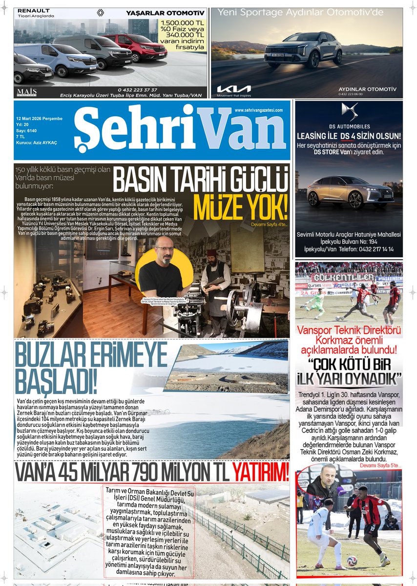12.03.2026 TARİHLİ GAZETE MANŞETİMİZ 

BASIN TARİHİ GÜÇLÜ MÜZE YOK!

İSTE HABERİN DETAYI:
sehrivangazetesi.com/vanin-150-yill…
<a href="/erginsari10/">Ergin Sarı</a>