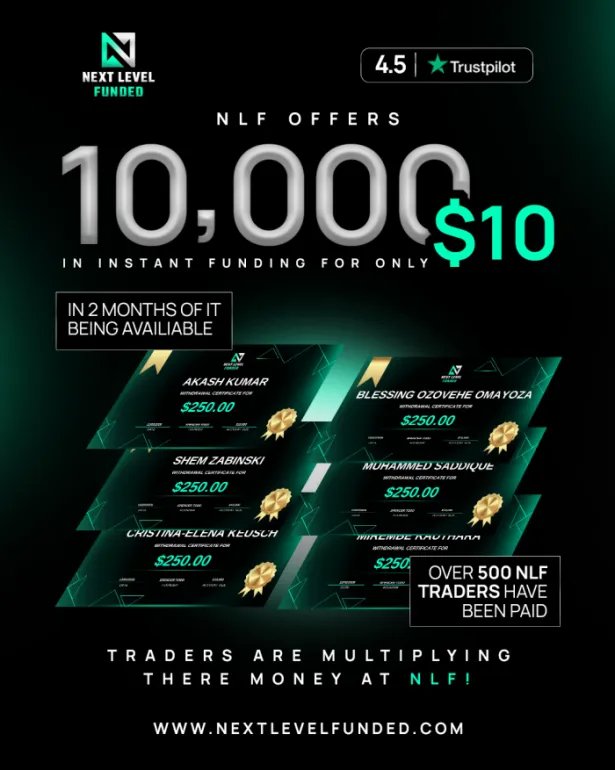 $10,000 Instant Funding for Only $10

Join Next Level Funded (NLF), trusted by traders worldwide with a 4.5⭐ Trustpilot rating.

 500+ traders paid
Real payouts and opportunities.
 Instant funding available

Ready to elevate your trading? 

🔗 payment.nextlevelfunded.com/?add-to-cart=5…