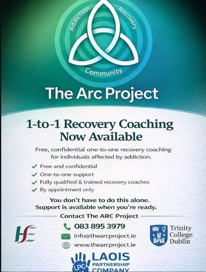 arcprojectlaois's tweet photo. We offer free &amp; confidential 1-1 recovery coaching for those affected by addiction. It’s a free service, but by appointment only https://t.co/yQ4IRfIsug