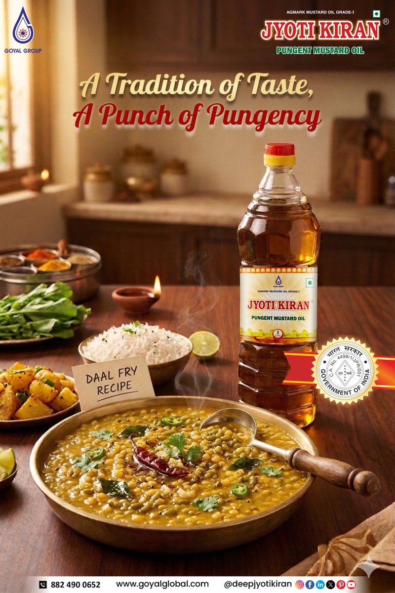 Tradition in every drop, taste in every bite! 🌿✨
Make your daal fry richer and more aromatic with the bold flavor of Jyoti Kiran Pungent Mustard Oil.
Pure taste. Authentic aroma. Real Indian cooking. 🇮🇳

#JyotiKiran #MustardOil #DaalFry #IndianCooking #TraditionalTaste