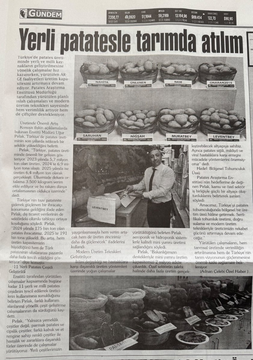 Enstitü Müdürümüz Sayın Uğur PIRLAK’ın patates üretimi ve yerli ve milli çeşitlerimizle ilgili değerlendirmeleri NİĞDE GÜNDEM gazetesinde yer aldı…