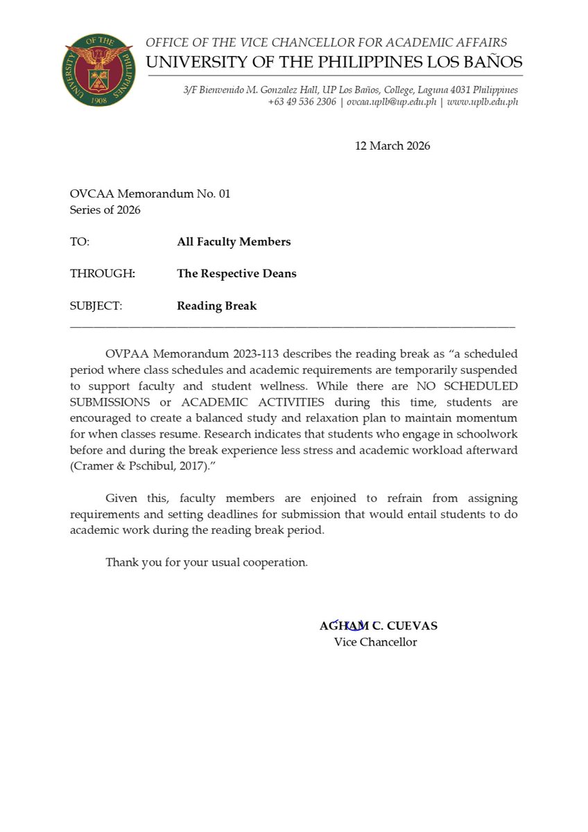 uplbperspective's tweet photo. READ: The Office of the Vice Chancellor for Academic Affairs (OVCAA) encouraged faculty members to refrain from assigning and setting deadlines for academic requirements and activities during the Reading Break, March 12.
#UPLBupdates
#NoStudentLeftBehind https://t.co/qYOamg5hTw