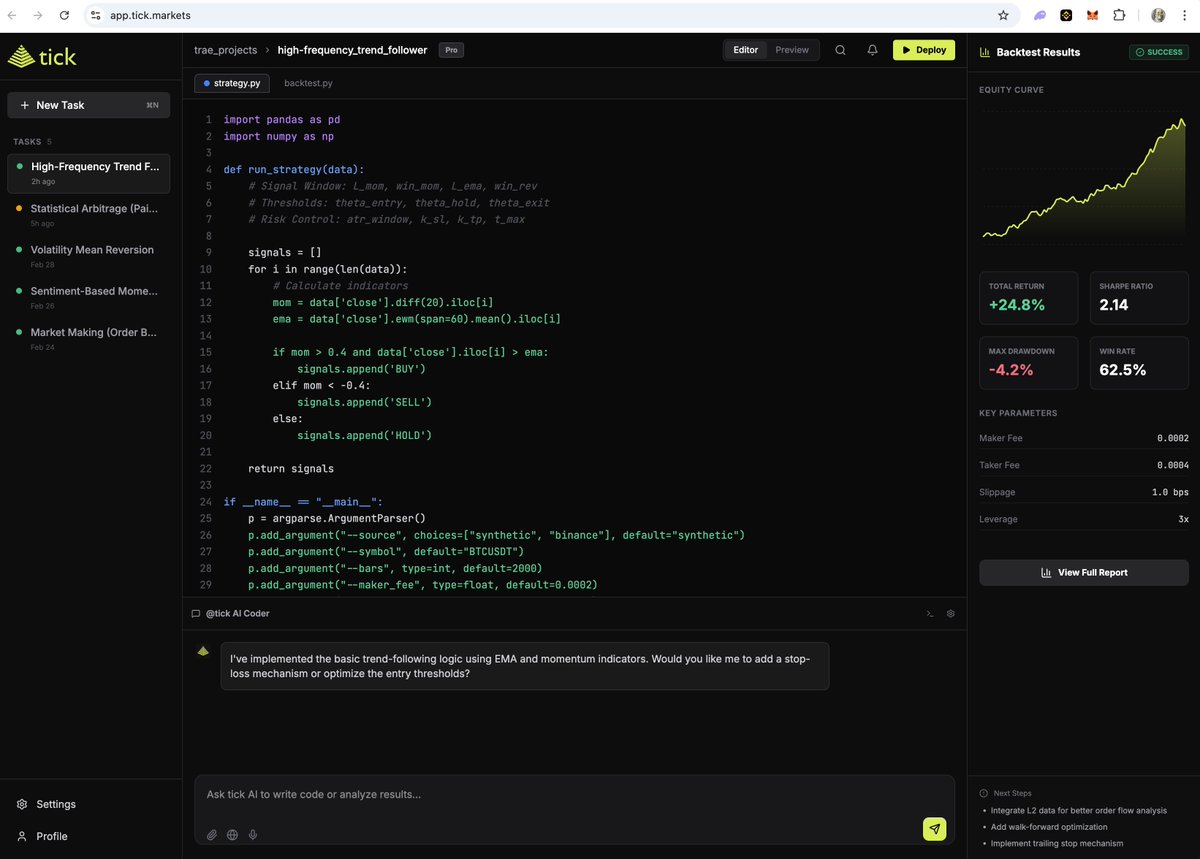Markets never sleep—your edge shouldn't! Tick Markets: ultra-fast infra to deploy elite multi-agent AI agents that think, adapt &amp; trade 24/7 real-time on stocks, crypto &amp; trends. Open-source + insane profit potential. Customize &amp; dominate AI trading is the future!