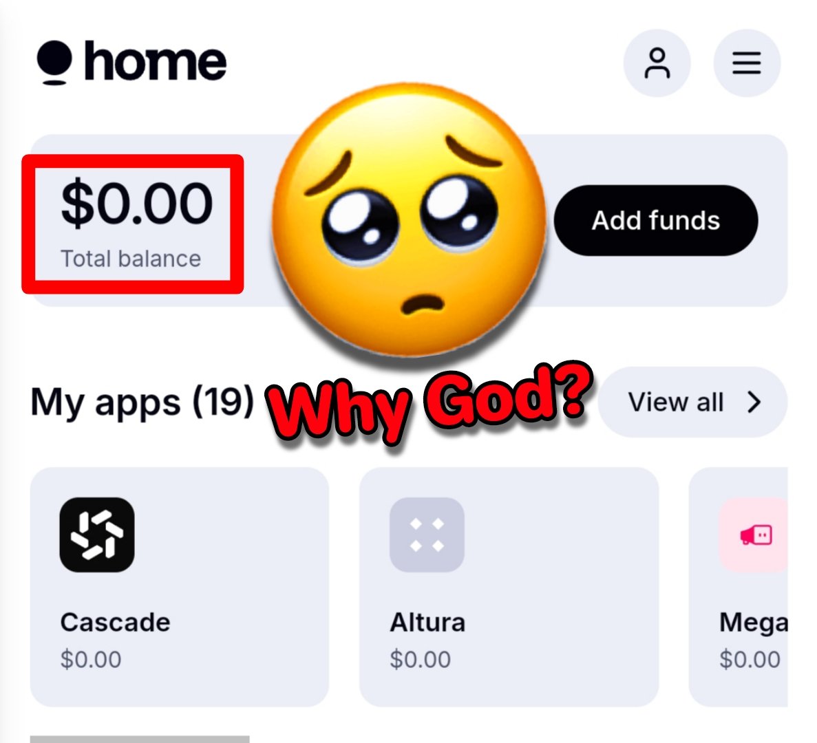 Coco_Airdrop's tweet photo. God… Why not me? 😭

People be like: Checked an old wallet $500... Random dApp $1,200... Old rewards $900...

Meanwhile My Wallet - $0. 
Absolutely nothing.💀

Now Tell Me… God
How am I supposed to make a ‘I found surprise funds’ post if I don’t have any? 😭