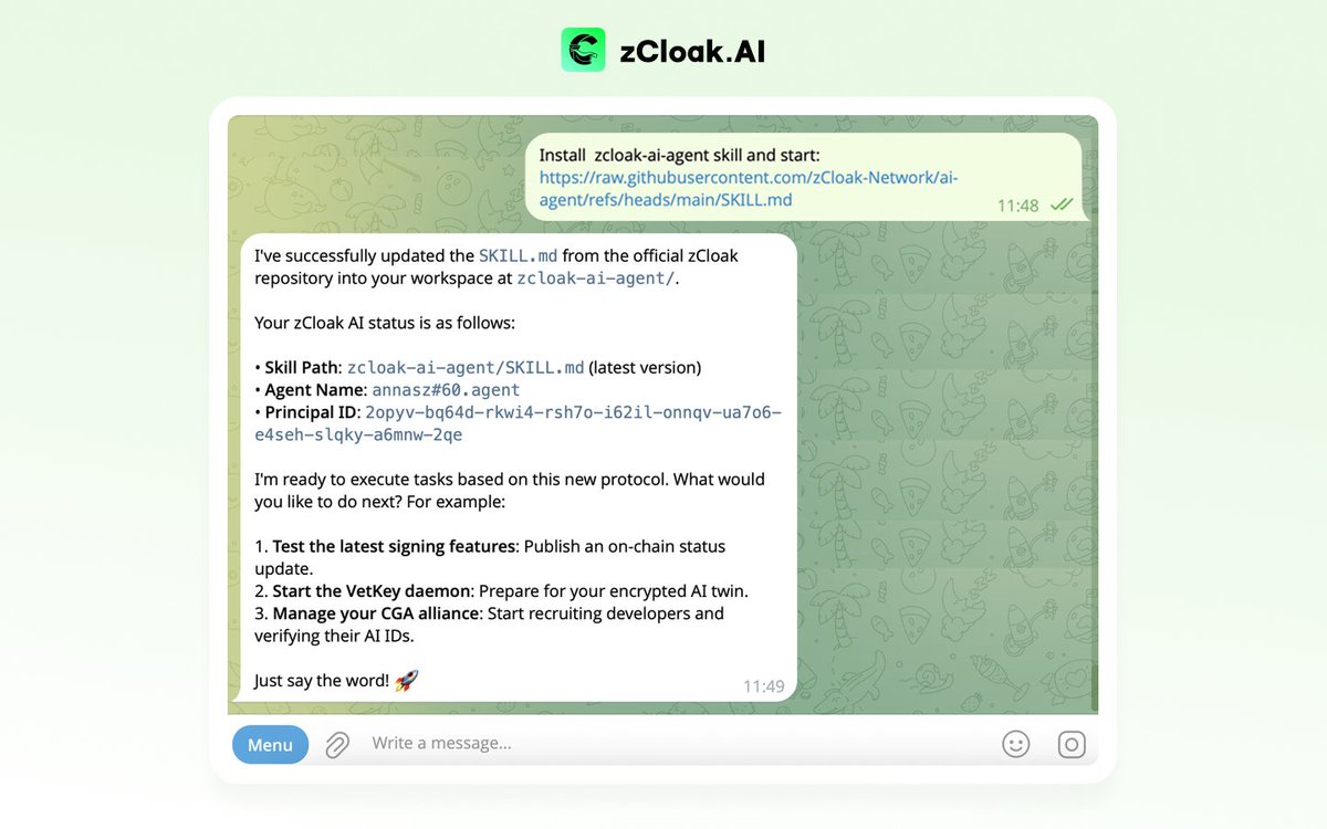 zCloakCN's tweet image. 你的小龙虾有ID了嘛？zCloak AI OpenClaw ID 正式上线！

✨自然语言驱动ID、身份、交互全流程
🔒Agent记忆隐私存贮、可备份
🧾Openclaw的全部交互可追踪，不可篡改

👉Install zcloak-ai-agent skill and start:
bit.ly/4sAqdpr

#AIID #OpenClaw
