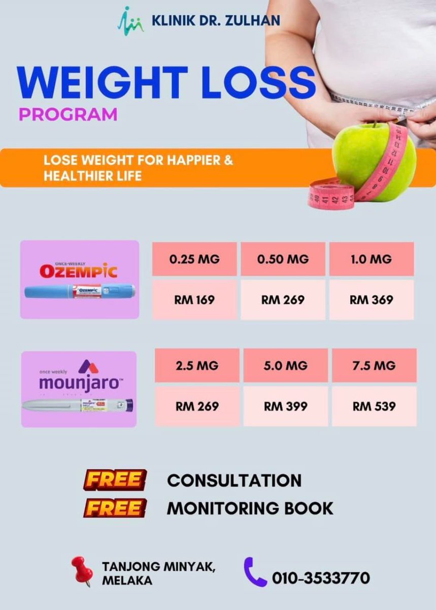 ainaabrahman's tweet photo. Ada tak yang nak loose weight tapi rasa susahhh sangat nak kawal makan? I have solution for youuu. 

Jom try ambik mounjaro/ ozempic kat Klinik Zulhan, Tanjung Minyak, Melaka. 

Now ada special promo tauuu! 

Boleh ws below for infoo ⬇️⬇️

https://t.co/l2IvWPweRA https://t.co/LIVVr1i3AJ