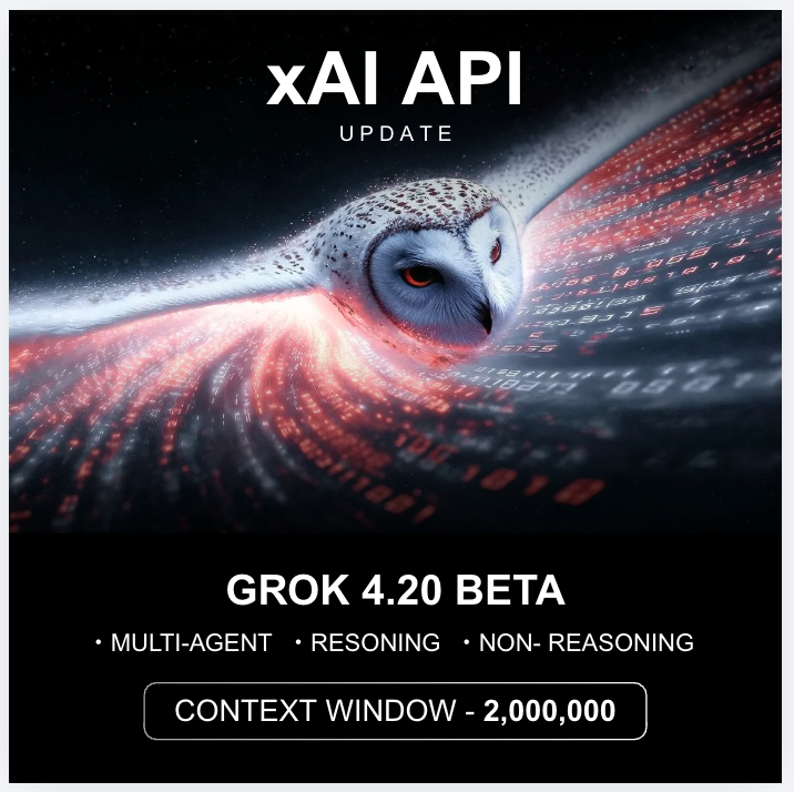 XFreeze's tweet photo. xAI just released Grok 4.20 - 3 new API variants are now live:

→ Grok 4.20 Beta – Multi-Agent
→ Grok 4.20 Beta – Reasoning
→ Grok 4.20 Beta – Non-Reasoning

2,000,000 token massive context window across all three variants - one of the largest in the industry right now

Blazing fast - matches Grok 4.1 Fast inference speeds while delivering far deeper intelligence than competing models