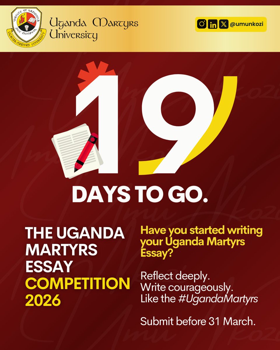 umu_nkozi's tweet image. ⏳ 19 Days to Go
Students, have you started writing your Uganda Martyrs Essay?

Reflect deeply.
Write courageously like the #UgandaMartyrs
Parents &amp;amp; teachers,  encourage a student to participate.

📅 Submit before 31 March
📩 essays@umu.ac.ug
📞 +256 778 637 682
#YouthVoices #UMU