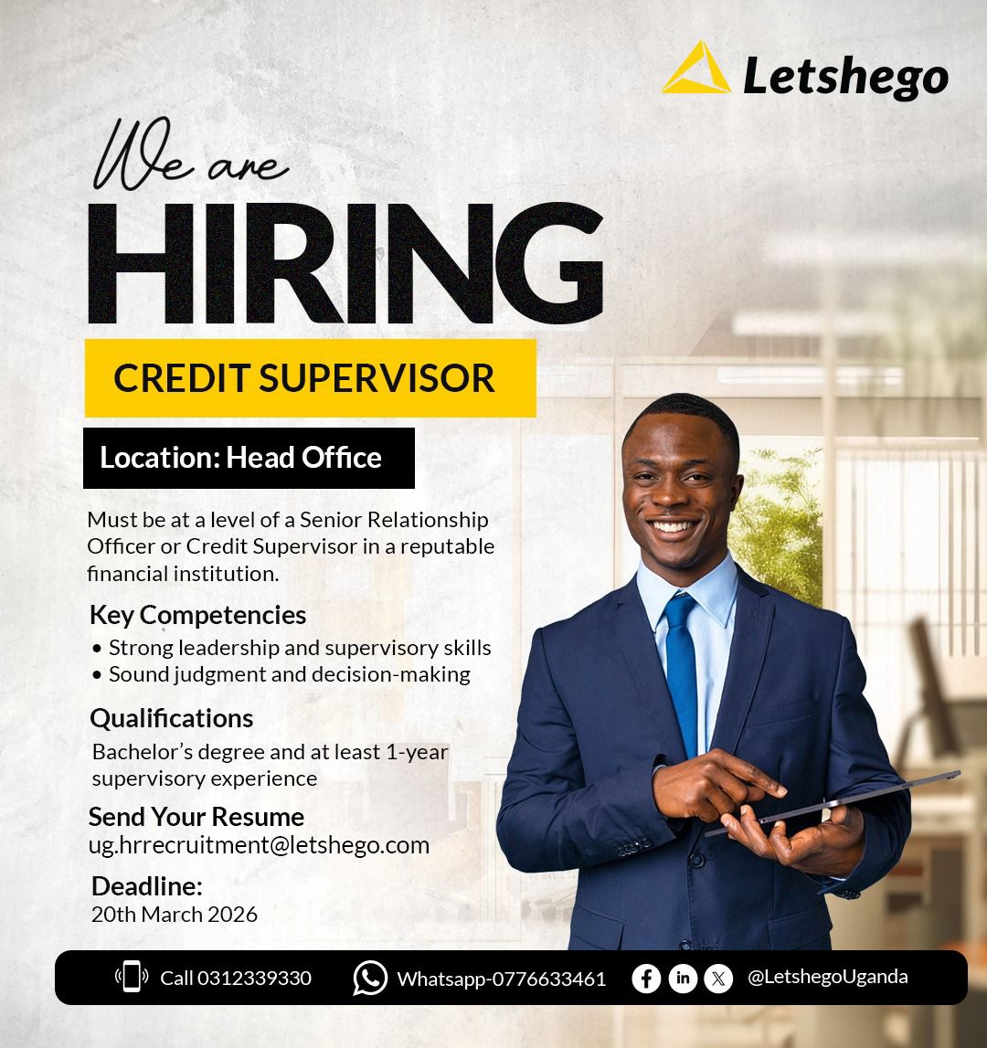 jobsinugandanow's tweet image. Opportunity knocks again; 

@LetshegoUganda is growing its team and inviting passionate, driven professionals to come along for the journey. 

We’re looking for #Credit #Supervisor whose role will be to  safeguard loan quality, guides credit teams, strengthens risk controls and