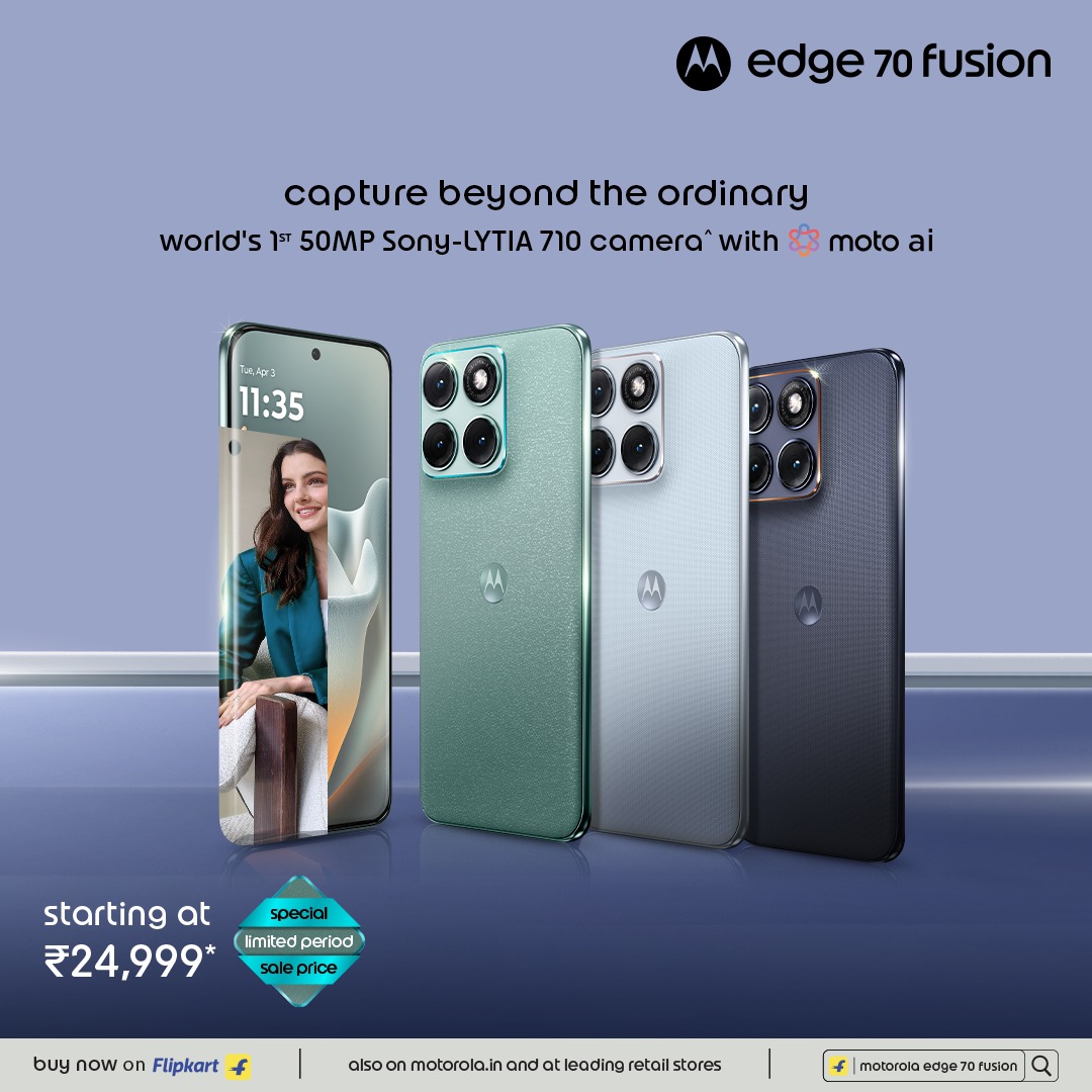 motorolaindia's tweet photo. The motorola edge 70 fusion introduces the world’s first 50MP Sony LYTIA™ 710 camera with motoAI. 

Buy now on Flipkart, Motorola Website and leading retail stores

Grabs yours for just ₹24,999*