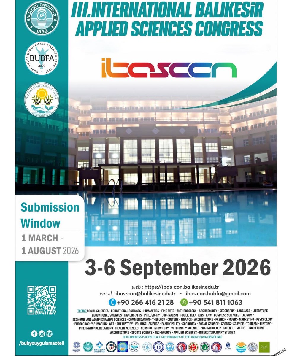 ibascon_bubfa's tweet photo. The abstract submission process has started for the III. International Balıkesir Applied Sciences Congress (IBASCON)
📌 Abstract Submission Dates: March 1 – August 1, 2026
📅 Congress Dates: September 3–6, 2026
🔗 Detailed information: https://t.co/uM8nUYMuK0 https://t.co/yp19kvnI19
