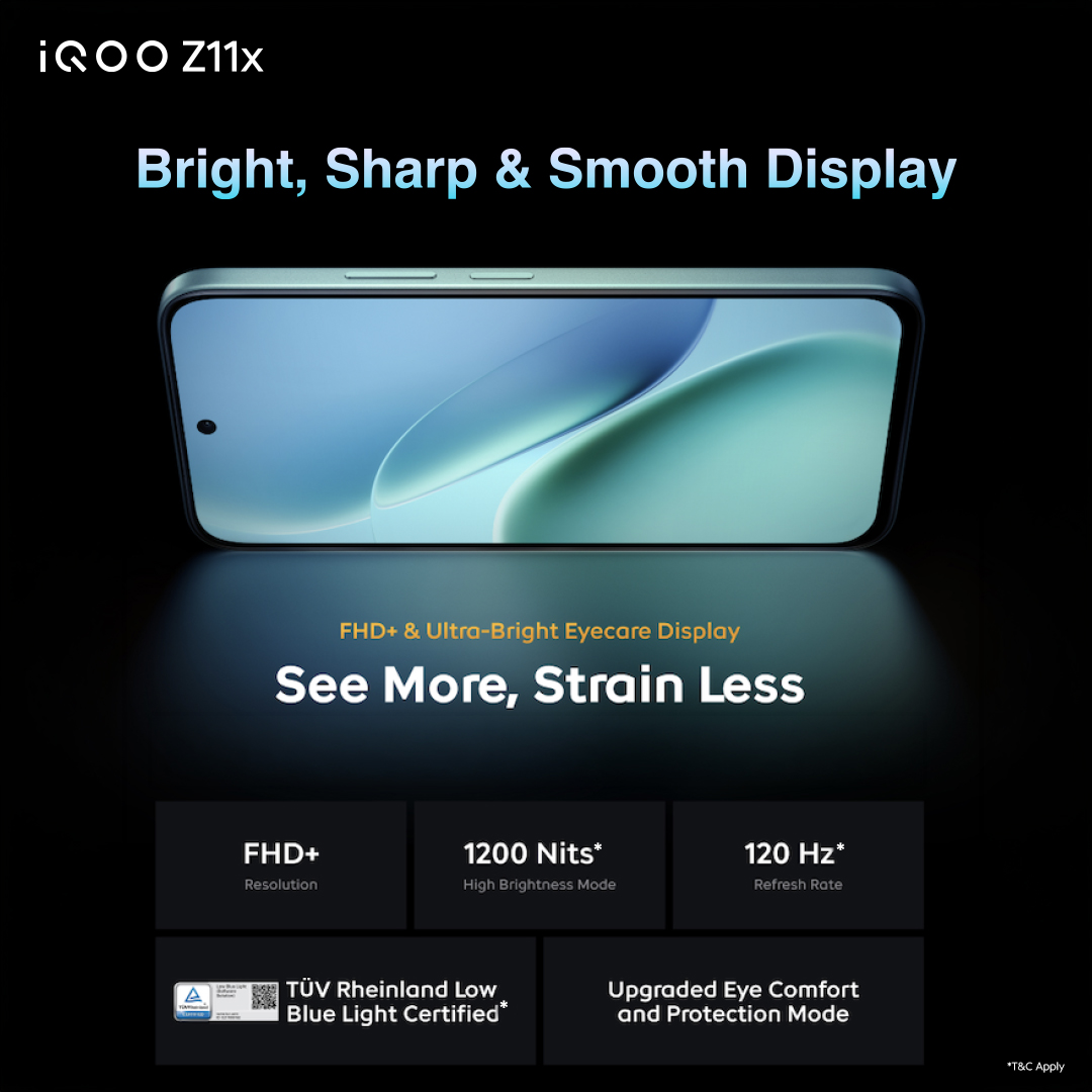 IqooInd's tweet photo. Clarity that feels easy on eyes.
#iQOOZ11x comes with an FHD+ and ultra-bright eyecare display for comfortable viewing all day.
Link:https://t.co/RrQyYzeka4
#iQOOZ11xLaunch #LaunchingNow #AmazonSpecials https://t.co/hzAmc1MfyJ