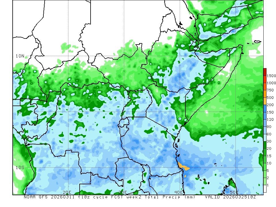 Current GFS model rainfall distribution charts show widespread rainfall across #Kenya in the 7 days to 25/03. Multiple Subcounties may receive as much as 150mm in a week. 
Heavy rain alert⚠️: Cumulative weekly rainfall  exceeding 200mm may fall in a County &amp; subcounty that I