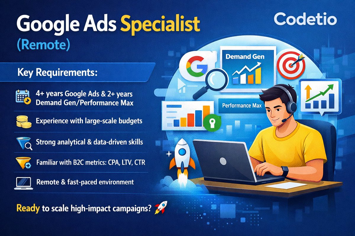 Codetiotalent's tweet photo. 🚀 We’re hiring a Google Ads Specialist (Remote)

• 4+ yrs Google Ads (Search)
• Demand Gen &amp; Performance Max experience
• Subscription-based digital products
• Large budget management
• AI and Automations

hola@codetio.com

#GoogleAds #PerformanceMarketing #RemoteJobs https://t.co/ErUsDH7AQQ