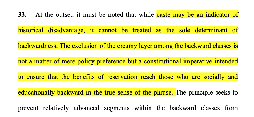 CiteCase's tweet image. Caste cannot be treated as the sole determinant of backwardness. The exclusion of the creamy layer is a constitutional imperative, says #SupremeCourtofIndia